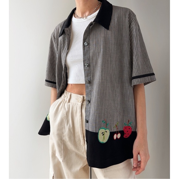 Vintage Tops - ‼️SOLD‼️ Vintage gingham fruit embroidered print short sleeve button down shirt